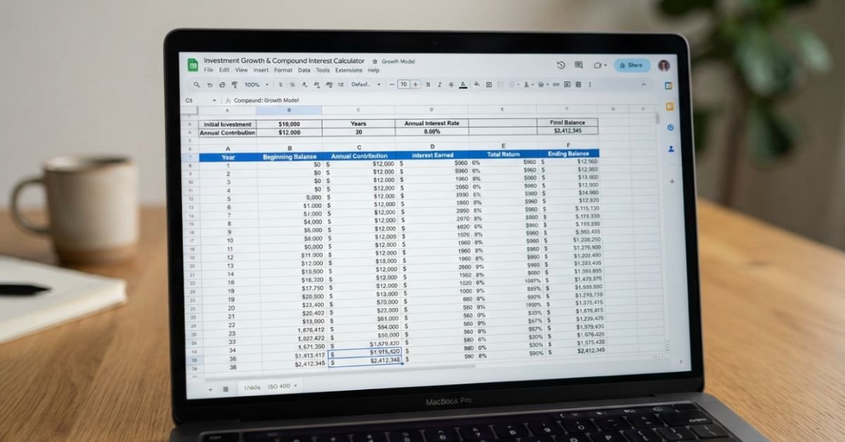 Close-up realistic photo of a clean laptop screen showing an open spreadsheet calculating compound interest and investment growth