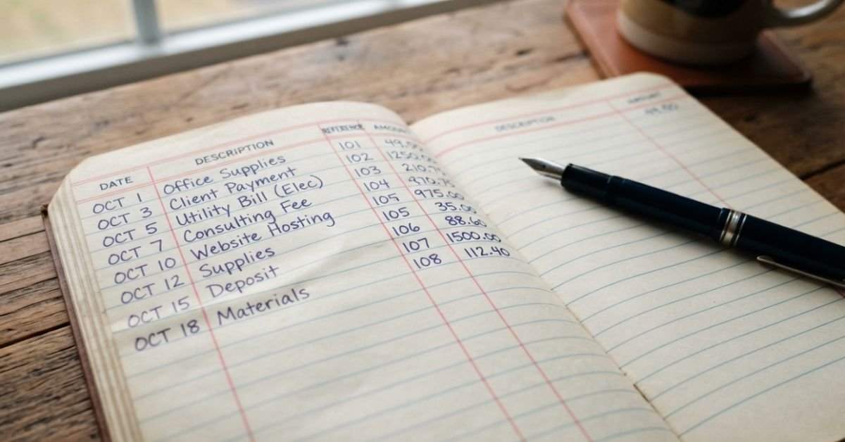 Crisp close-up of an open paper ledger with four neatly divided columns written in ink showing dollar figures and simple labels