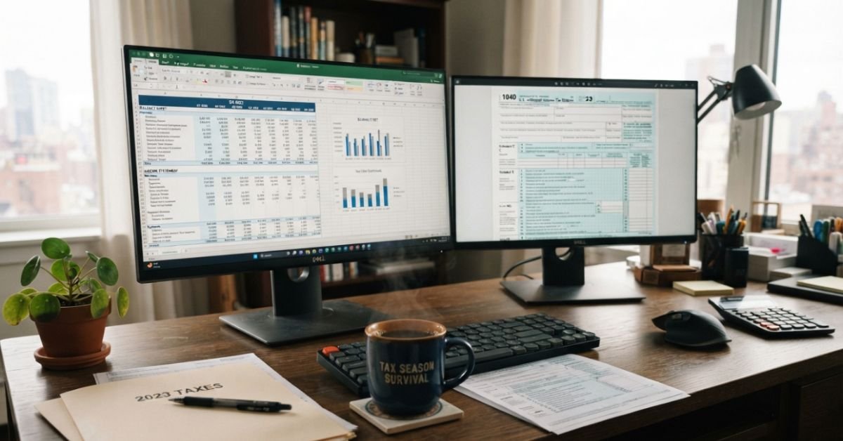 Desk workspace with two monitors showing financial statements and official tax documents beside a warm coffee mug