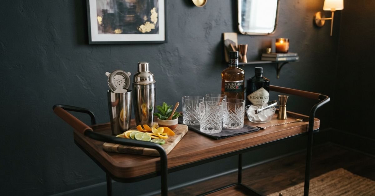 Elegant modern bar cart arranged with clear heavy-base rocks glasses, cocktail shaker, and fresh garnishes against a dark moody wall