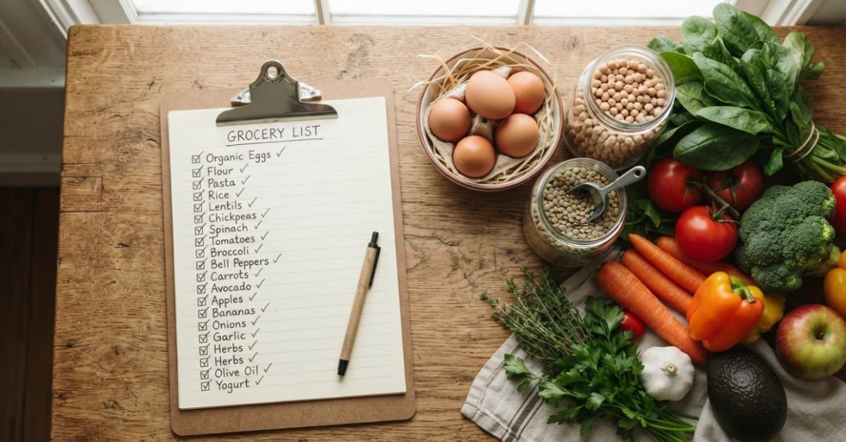 Flat-lay display of an itemized grocery list on a clipboard next to dry beans, eggs, and raw produce on wood