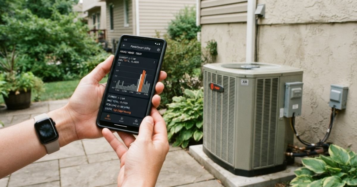 Hands holding a smartphone displaying an energy utility application with hourly peak usage graphs next to an outdoor air conditioner