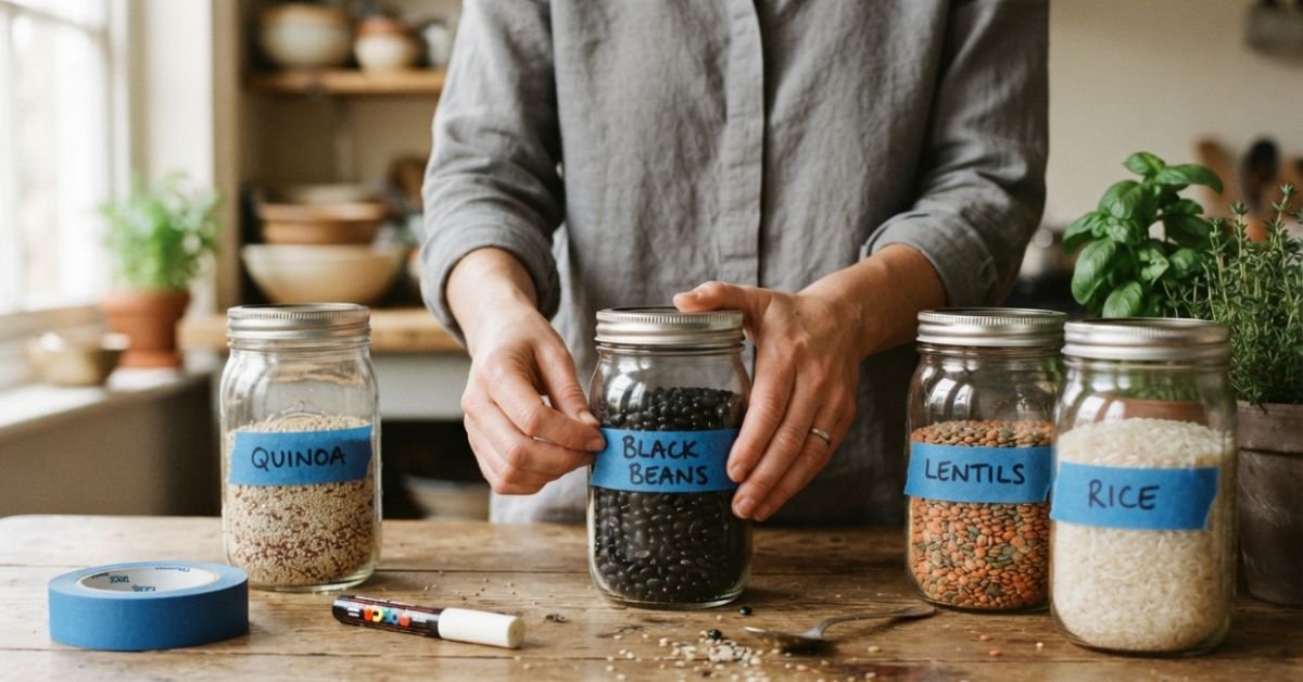 Hands placing blue tape labels on glass storage jars filled with grains and dry legumes on a wooden table