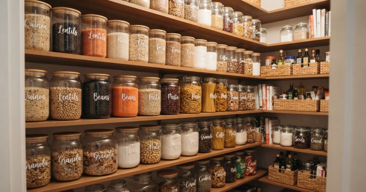 Organized kitchen pantry shelves with clear glass storage jars filled with grains, beans, and neatly arranged dry goods