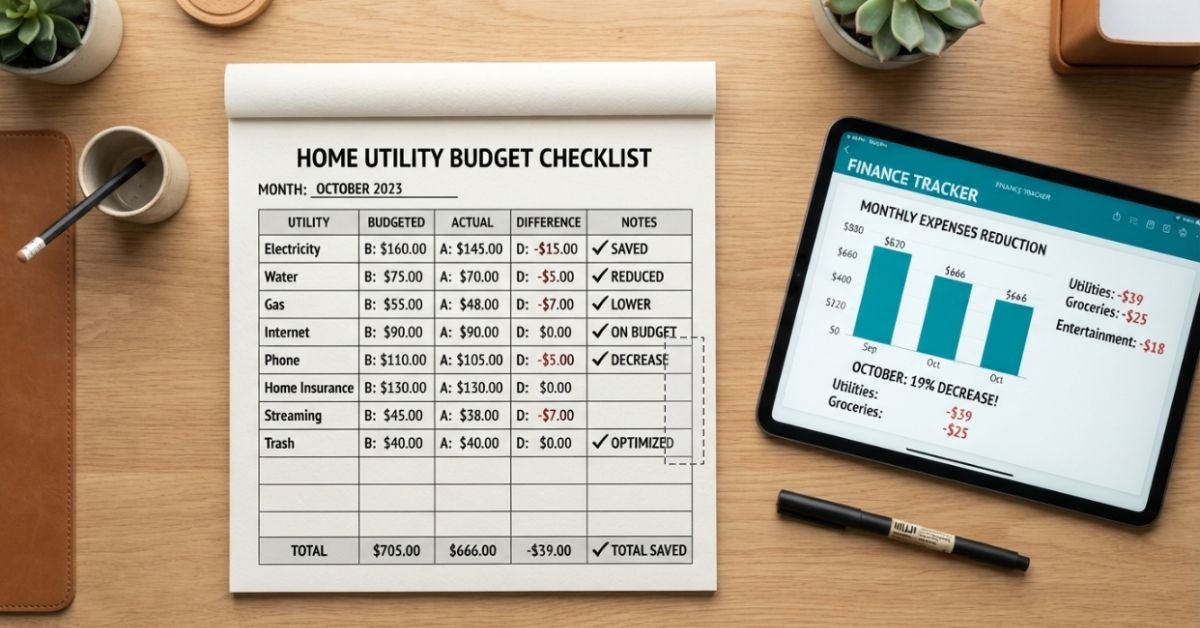 Overhead view of a completed clean home utility budget checklist on a desk with a pen and a tablet showing reduced expenses