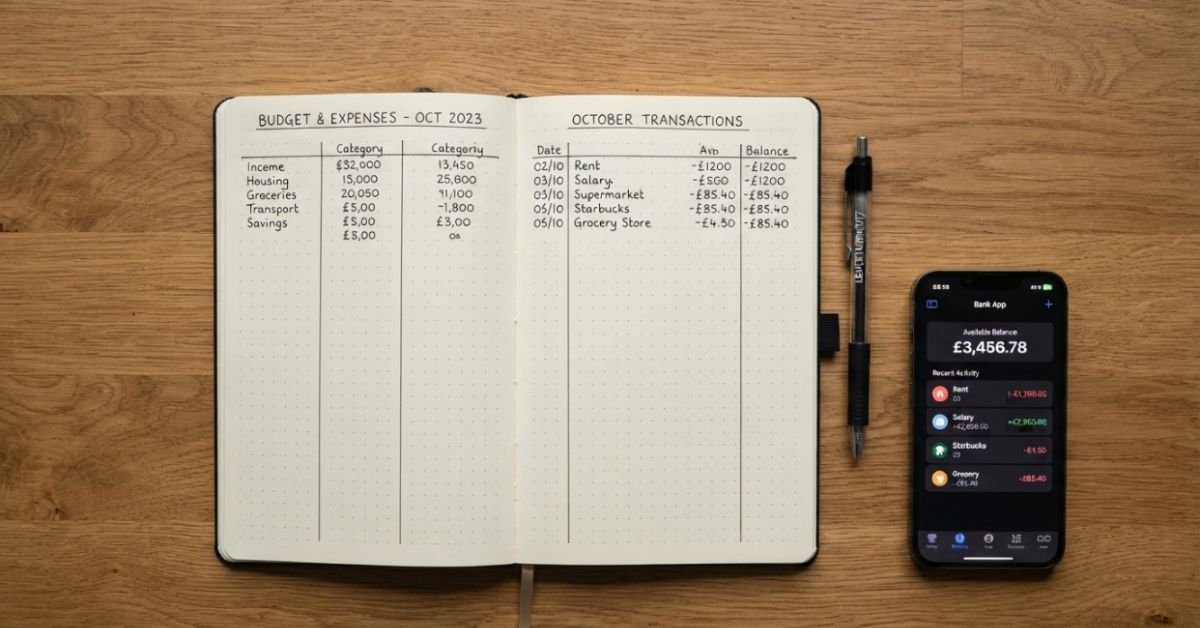 Realistic flat lay of a handwritten minimalist financial notebook with a black pen resting next to an iPhone displaying a muted banking app on a wooden desk