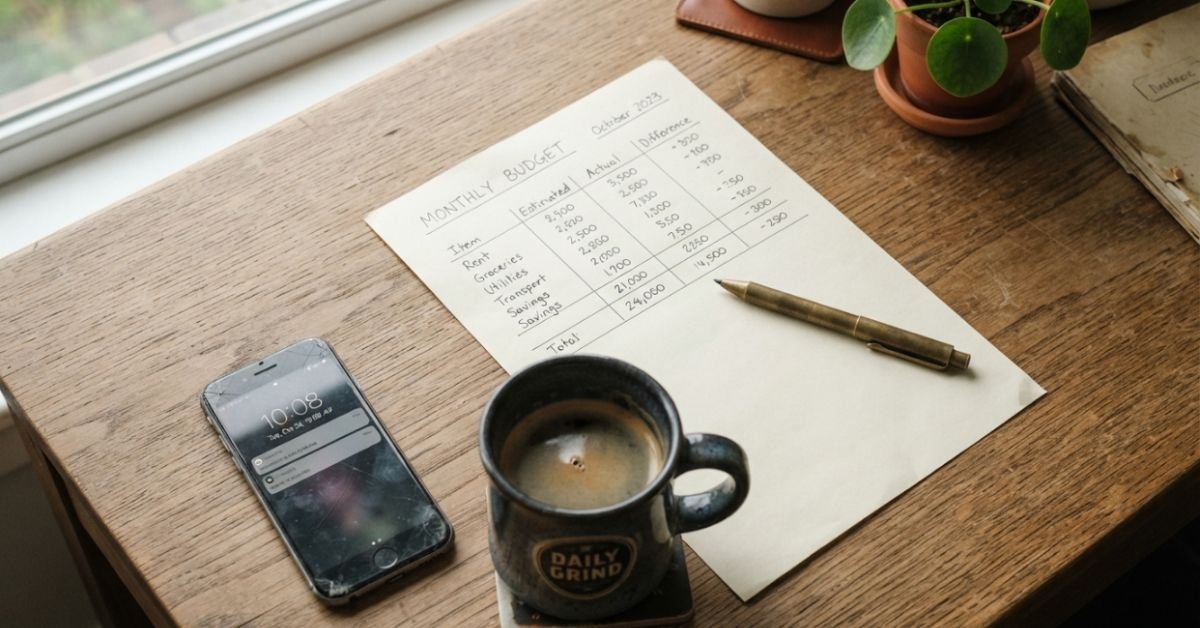Realistic overhead desk photo of an older smartphone, simple brass notebook pen, paper budget sheet, and coffee mug
