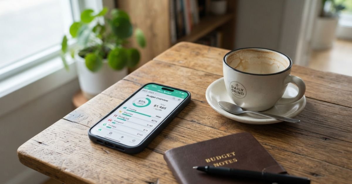 Realistic photo of a modern smartphone resting on a wooden desk displaying a personal finance budget app alongside an empty coffee cup