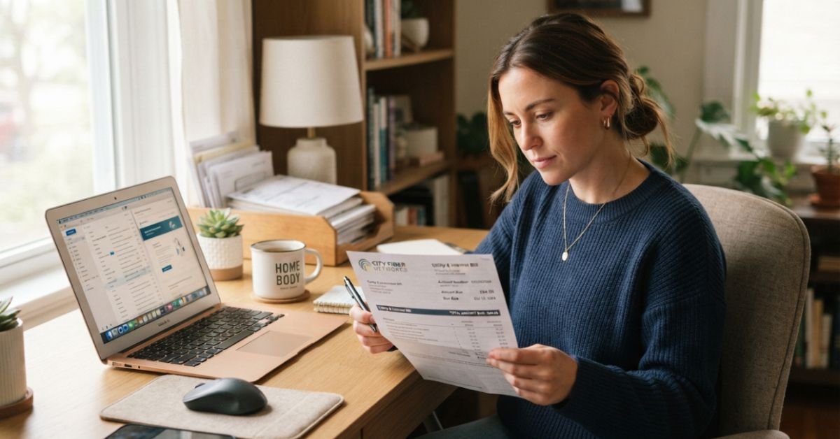 Realistic photo of a person sitting at a tidy home office desk reviewing a paper utility internet bill with a laptop open