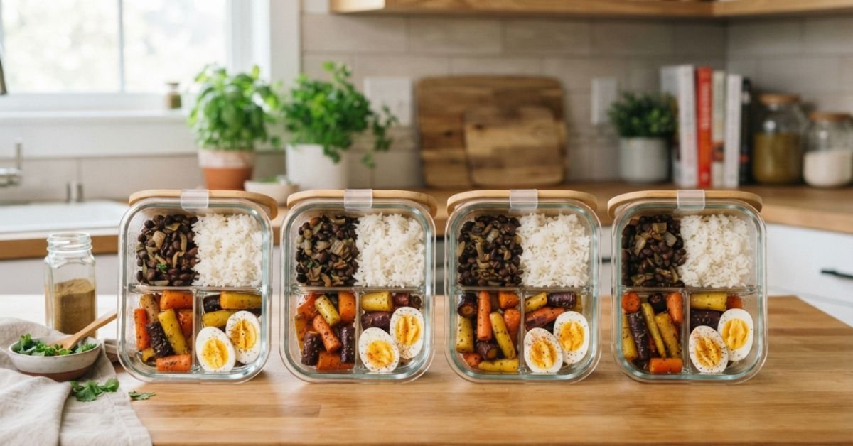 Reusable glass meal prep containers filled with rice, black beans, roasted carrots, and eggs on counter